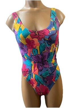 NWT SzLg Vintage 80s DOLFIN Bodysuit Bright Colored Floral 90s Workout Leotard
